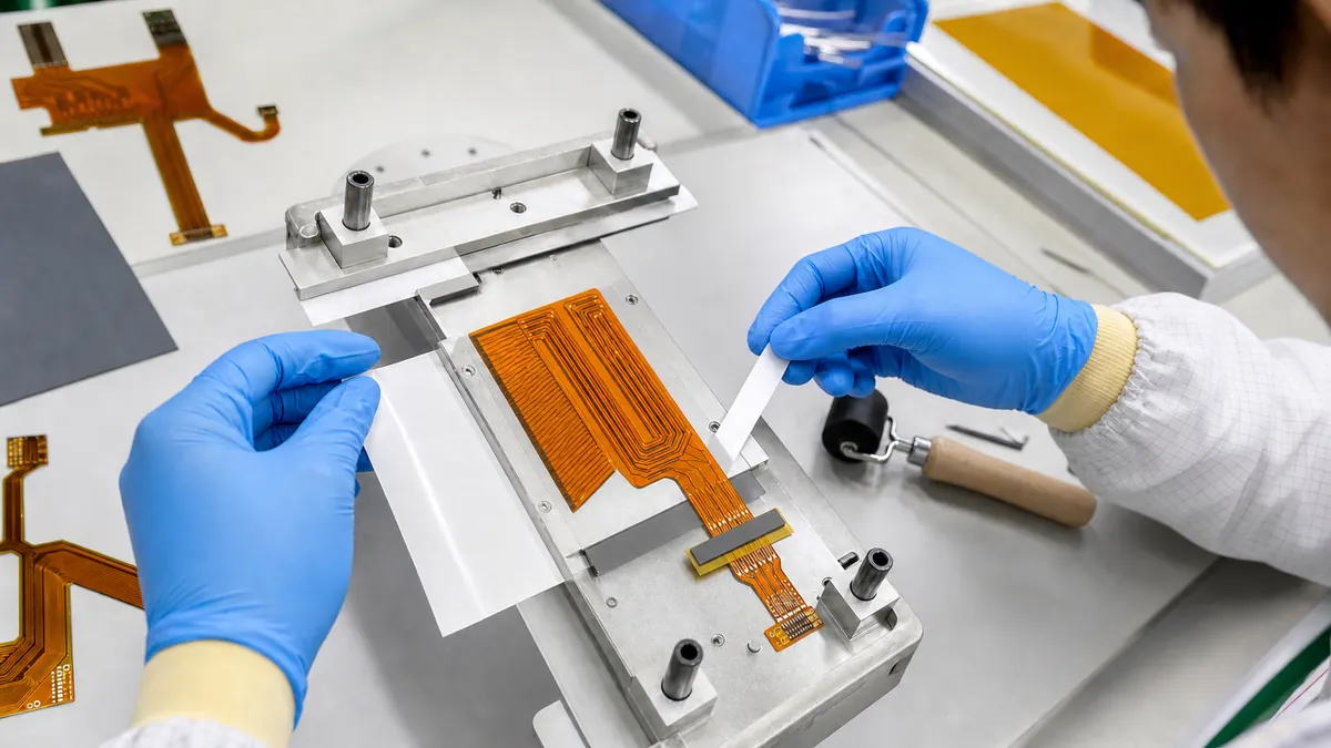 Technician aligning a double-sided polyimide adhesive layer beneath an FPC stiffener in a precision fixture